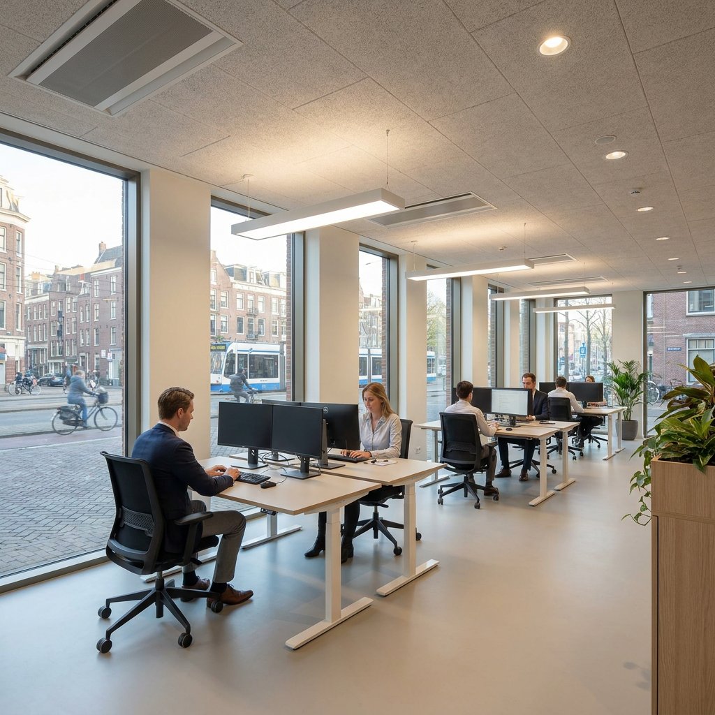 Modern Nederlands kantoor met rustige werkplekken, strakke LED-panelen en downlights, neutraal wit licht en een duurzame, professionele sfeer.