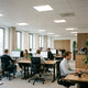 Modern Nederlands kantoor met gelijkmatig verlichte LED-panelen, medewerkers aan bureaus en rustige werkplek met zachte, verblindingsarme plafondverlichting.