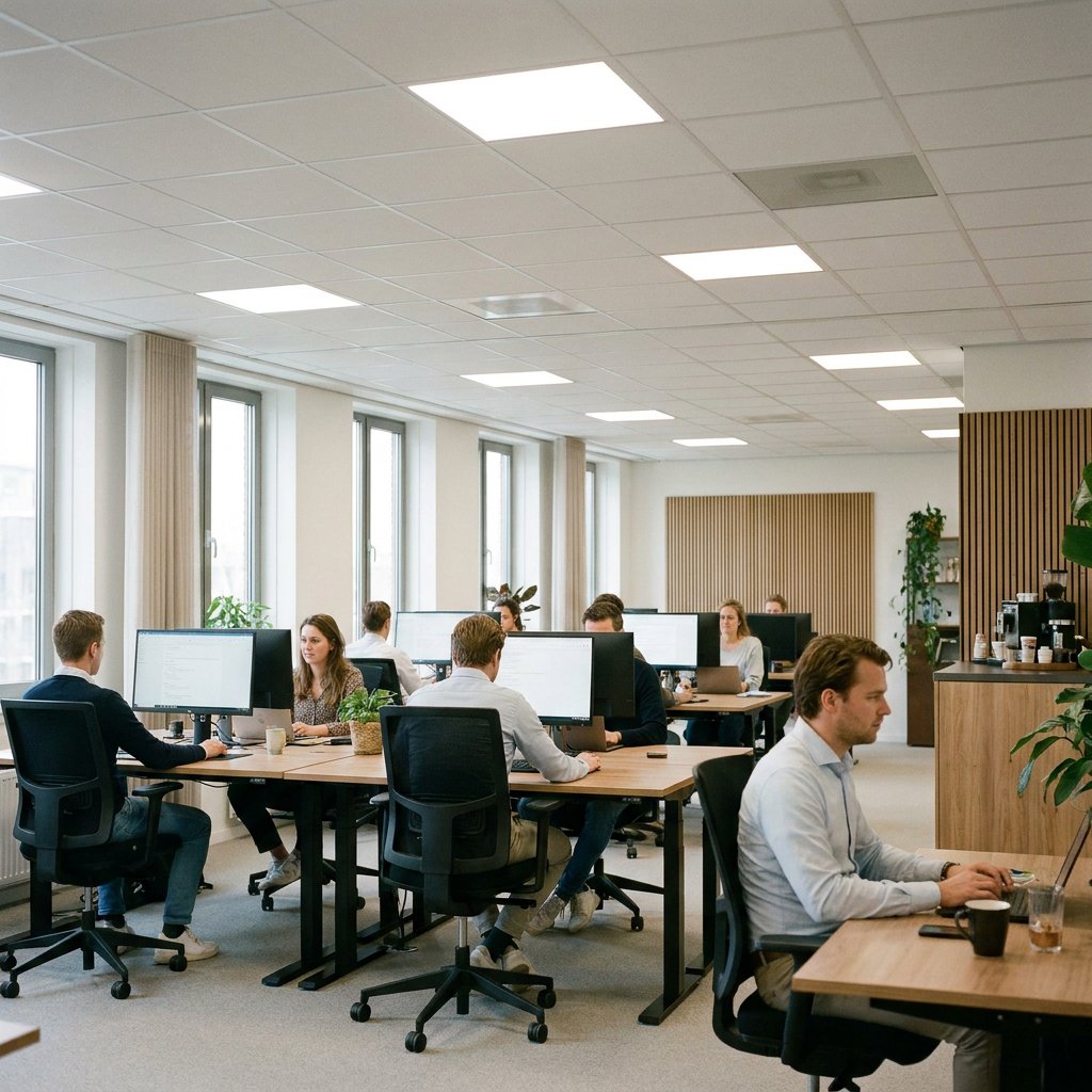 Modern Nederlands kantoor met gelijkmatig verlichte LED-panelen, medewerkers aan bureaus en rustige werkplek met zachte, verblindingsarme plafondverlichting.