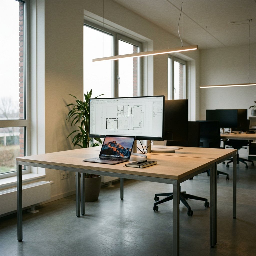 Modern bureau in een Nederlands kantoor met slanke hanglamp boven het werkvlak, laptop en scherm zonder storende reflecties in zacht daglicht.