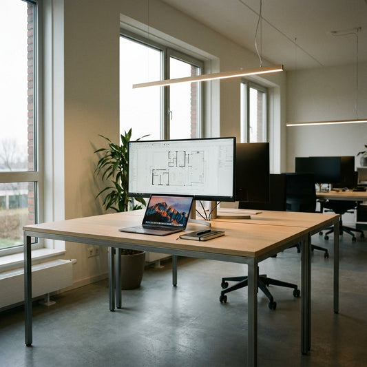 Modern bureau in een Nederlands kantoor met slanke hanglamp boven het werkvlak, laptop en scherm zonder storende reflecties in zacht daglicht.