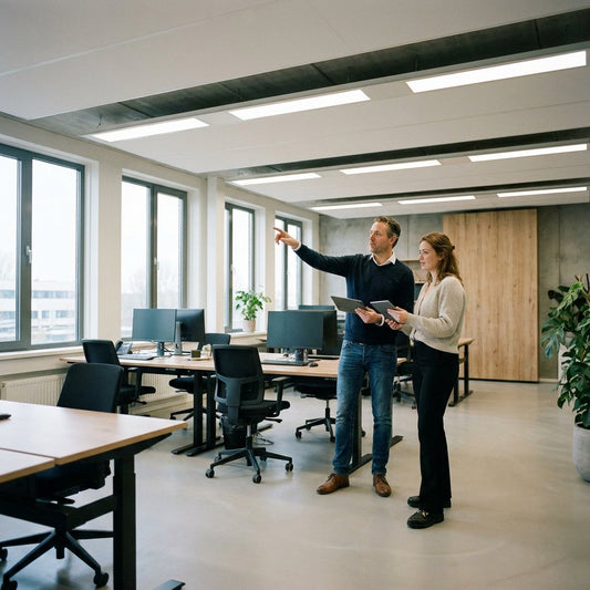 Moderne kantoorruimte met bureaus, LED-panelen en een lichtadviseur die een verlichtingsplan bespreekt bij daglicht voor comfortabele werkplekken.