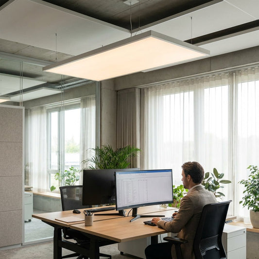 Modern kantoor met stijlvol LED paneel aan het plafond, medewerker achter scherm en zachte, gelijkmatige verlichting zonder storende schittering.