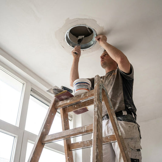 Vakman plaatst een trimless spotframe in een wit stucplafond tijdens renovatie, met gereedschap, gipsstof en strak modern interieur op de achtergrond.