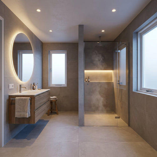 Moderne Nederlandse badkamer met plafondspots, verlichte spiegel en zachte sfeerverlichting bij douche en bad, helder en rustig gefotografeerd.