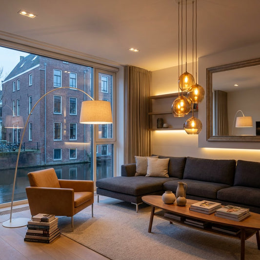 Moderne Nederlandse woonkamer met zitbank, leeshoek en dimbare spots, warm gelaagd licht en duidelijke zones voor ontspannen en functioneel gebruik.
