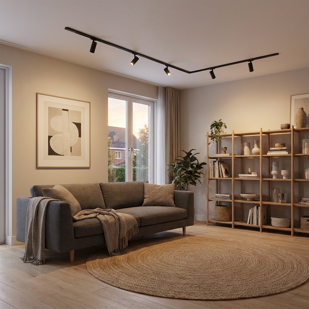Moderne woonkamer met 1-fase railverlichting aan het plafond, spots gericht op zithoek, kunst aan de muur en open kast in warm avondlicht.