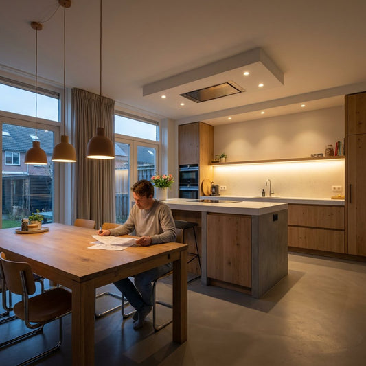 Moderne Nederlandse keuken met verlicht werkblad, spots in het plafond en warme sfeerverlichting, terwijl een bewoner een lichtplan bekijkt.