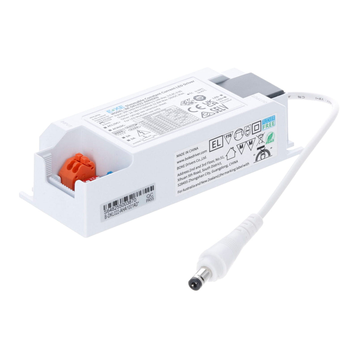 Boke DALI driver 22 watt met afmetingen en label