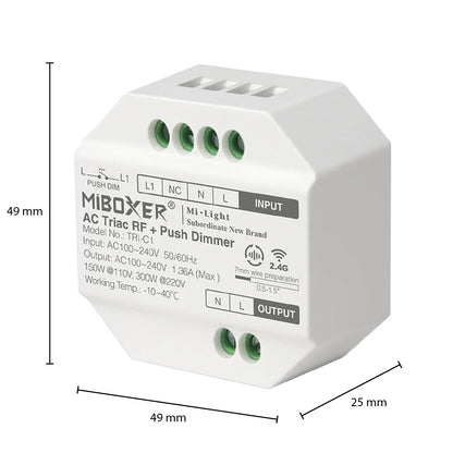 MiBoxer AC Triac RF+Push Draadloze Led Dimmer Module + RF Wandbediening - Outledtl.nl 