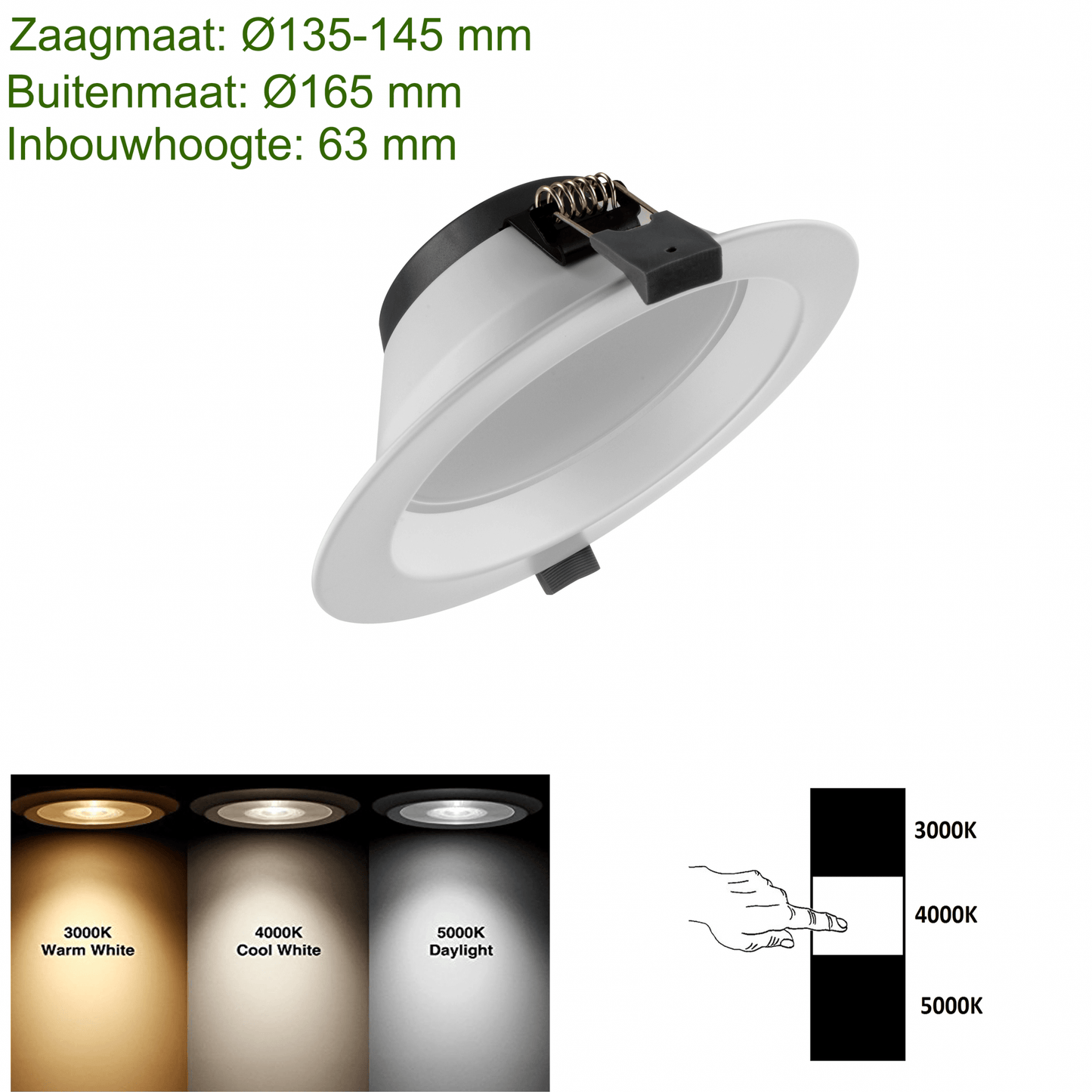 LED Downlight  -  Tri Color - 18 Watt - Zaagmaat Ø135 - 145MM - Outledtl.nl 