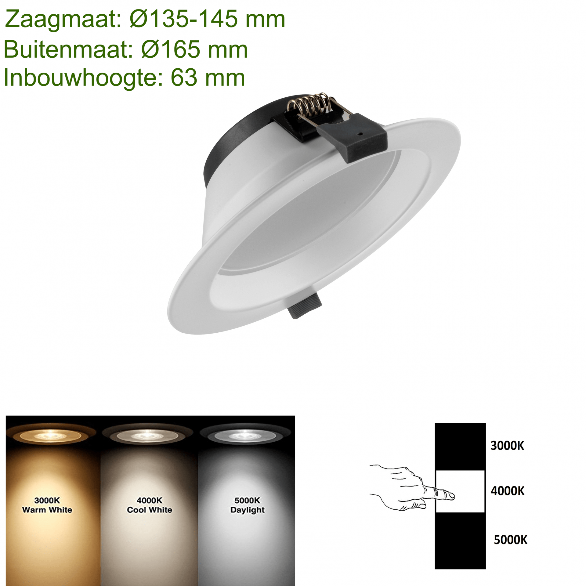 LED Downlight  -  Tri Color - 18 Watt - Zaagmaat Ø135 - 145MM - Outledtl.nl 