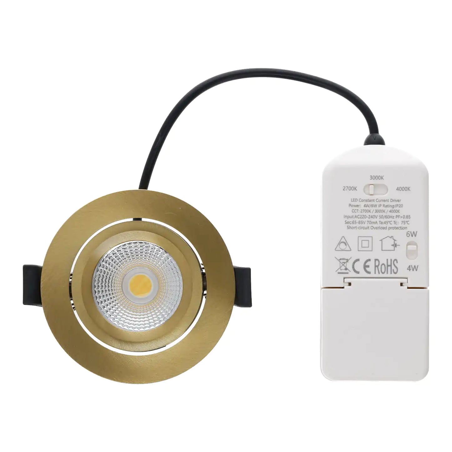 LED Inbouwspot Aristo | Dimbaar | IP65 | 4W of 6W | CCT Switch | Zaagmaat: Ø68-75 mm | Goud - Outledtl.nl 